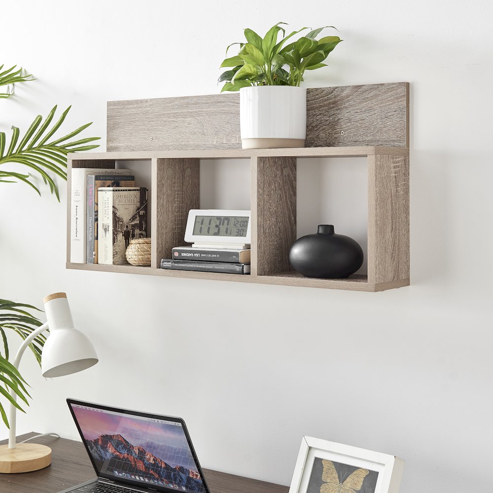 Modern 3 Cube Floating Cubby Wall Shelf with Display Ledge - Oak. Picture 4