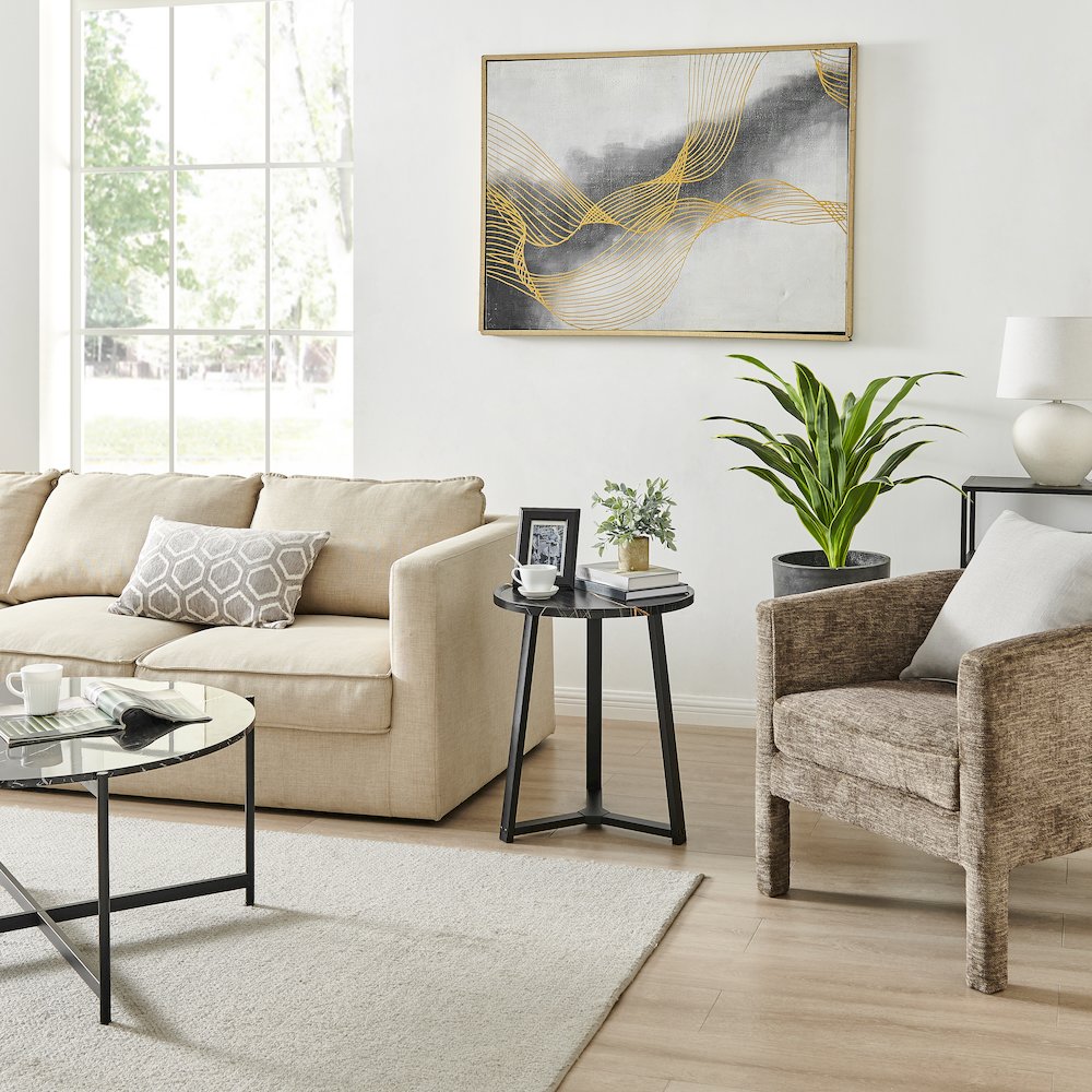 Harper Midcentury Round Raised Lip Edge Side Accent Table - Black Marble/Black. Picture 7