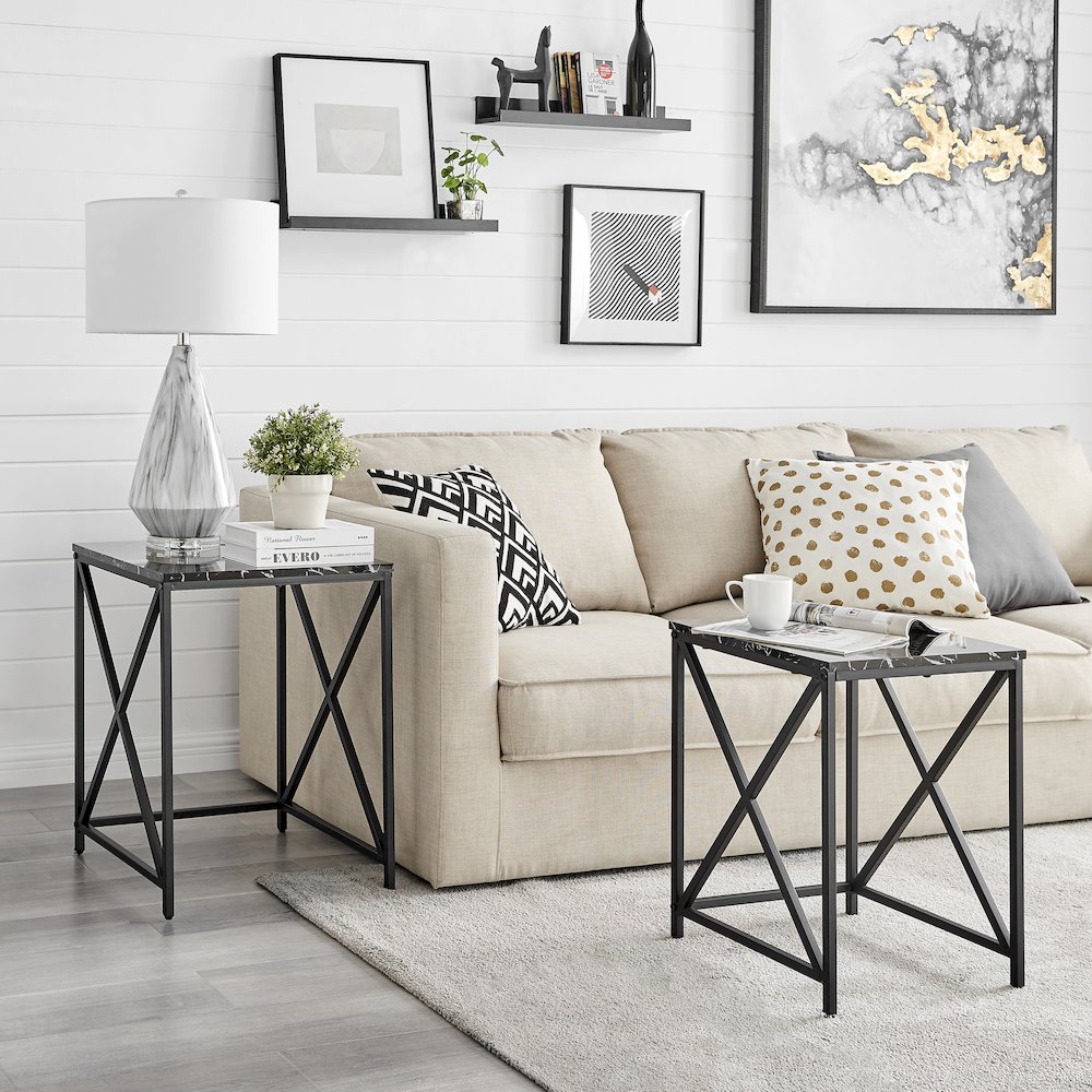 Modern Square Veneer Black Metal Frame Nesting End Tables Black Marble Set of 2. Picture 9