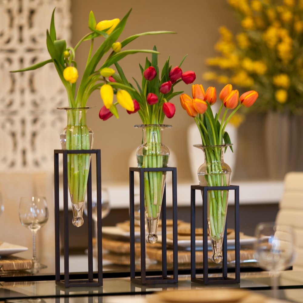 Set of 3 Clear Amphorae Vases on Square Tubing Metal Stands. Picture 2