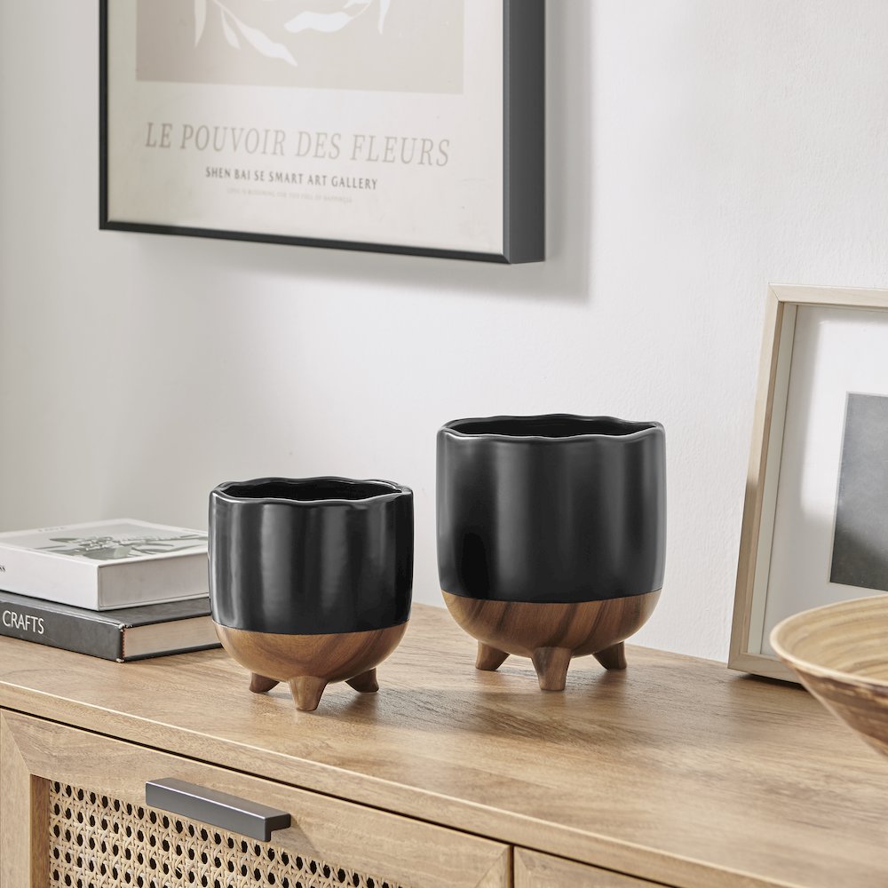Milo Mortar 2 Tone Flower Pot Planter Cachepot Set of 2 Sizes - Black and Walnut. Picture 3