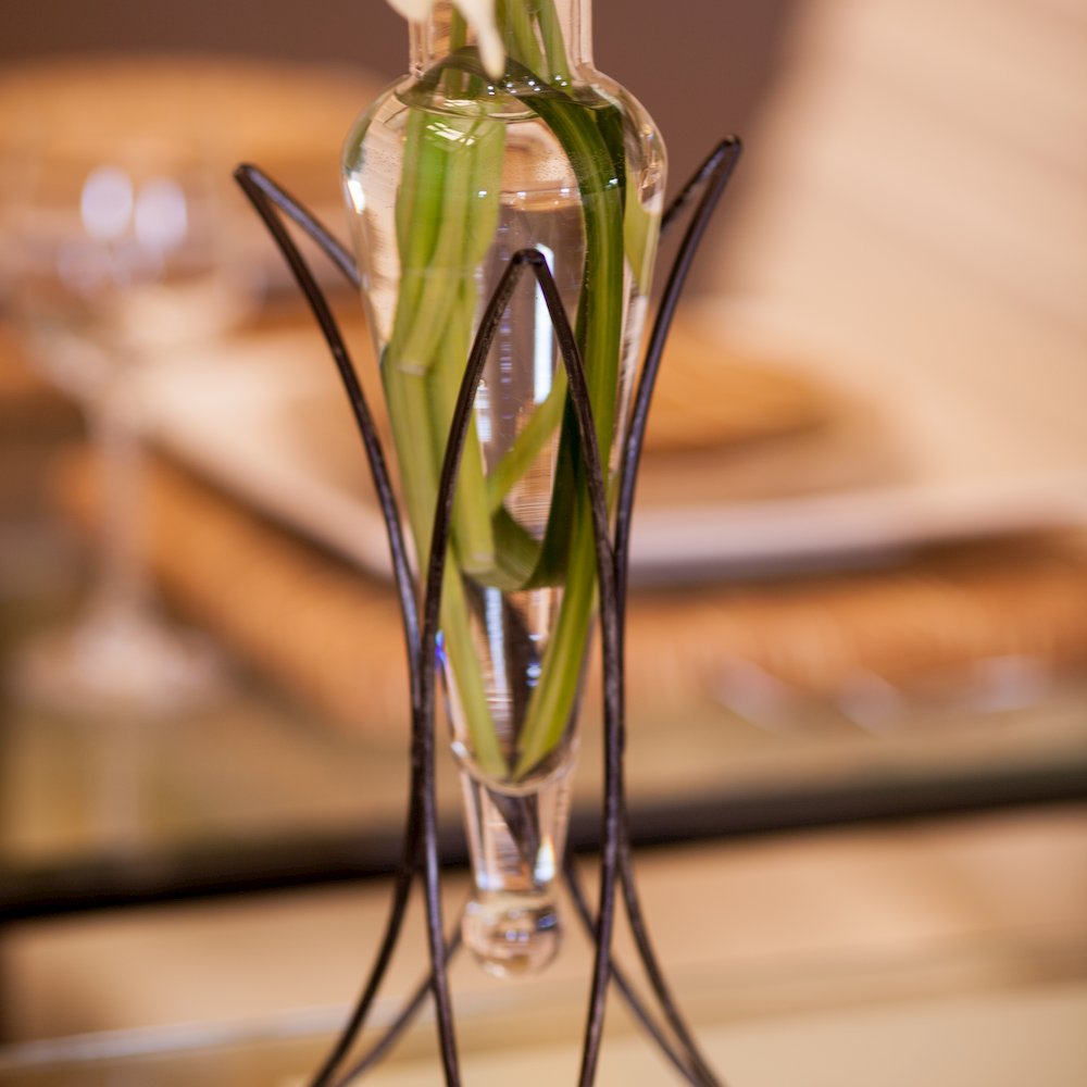 Clear Amphora Vase on Half Moon Metal Stand. Picture 4