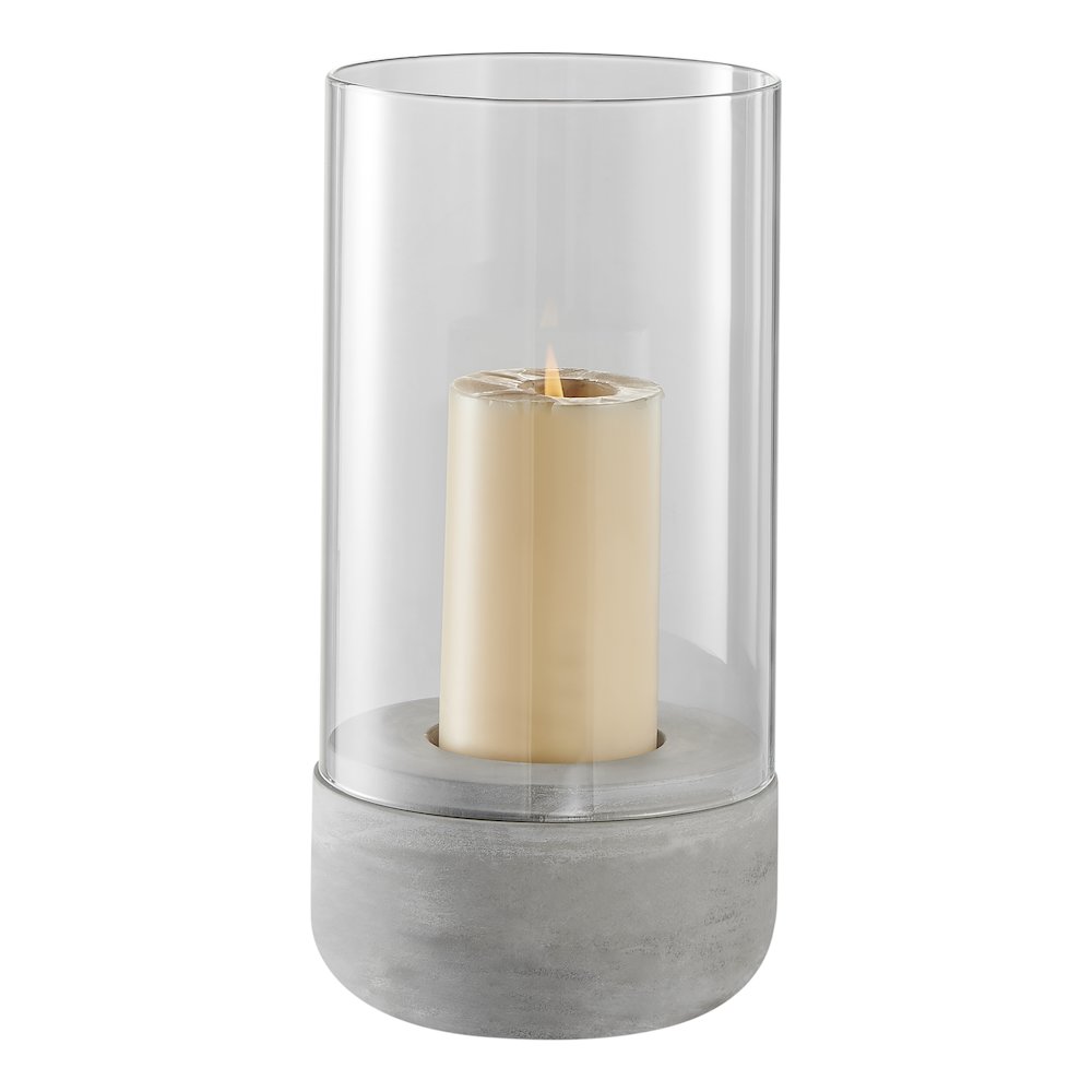 Cool Gray Cement Base and Glass Pillar Hurricane Candle Holder - Large. Picture 1
