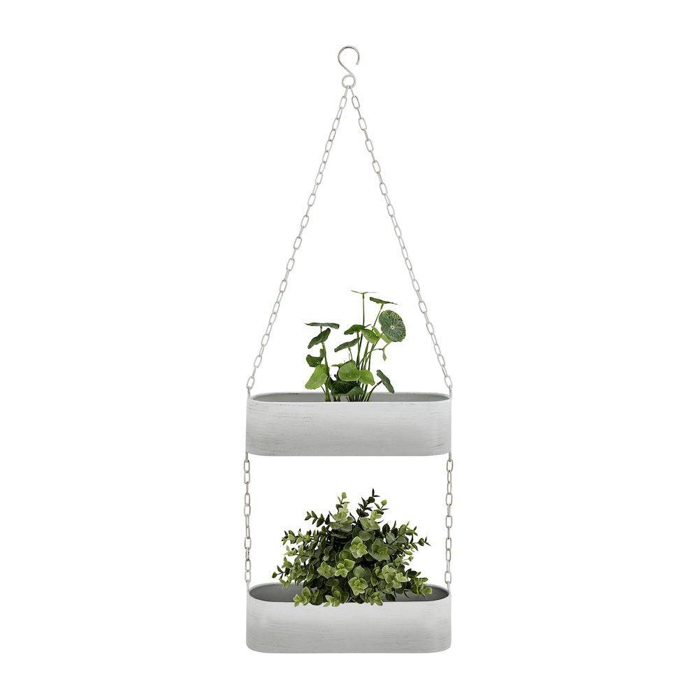 Two-Tier Hanging White Metal Trough Wall Planter. Picture 7