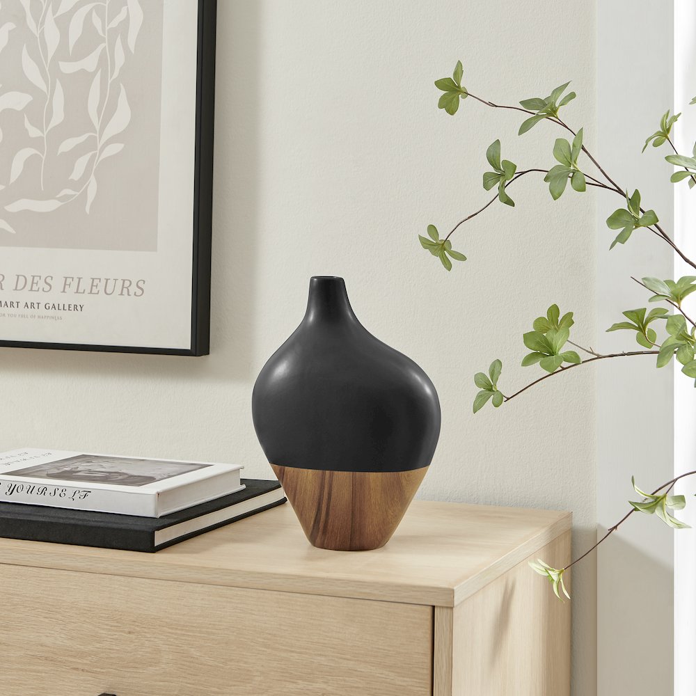 Milo Canteen Asymmetrical Modern Two Tone Tabletop Vase - Black and Walnut. Picture 3