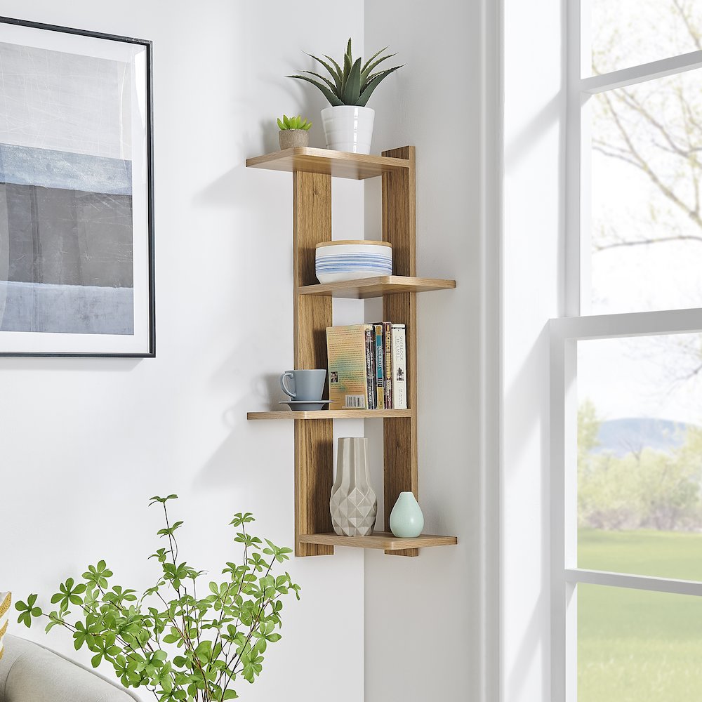 Alvar Corner 4-Tier Floating Ledge Column Wall Shelf - Chestnut. Picture 7