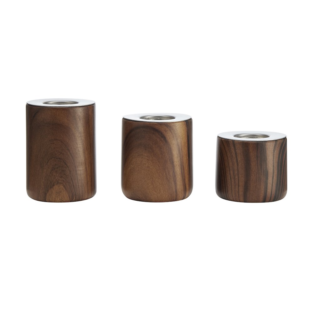 Hemming Modern Walnut Finish Three Piece Tealight Candle Holder Tabletop Set. Picture 1