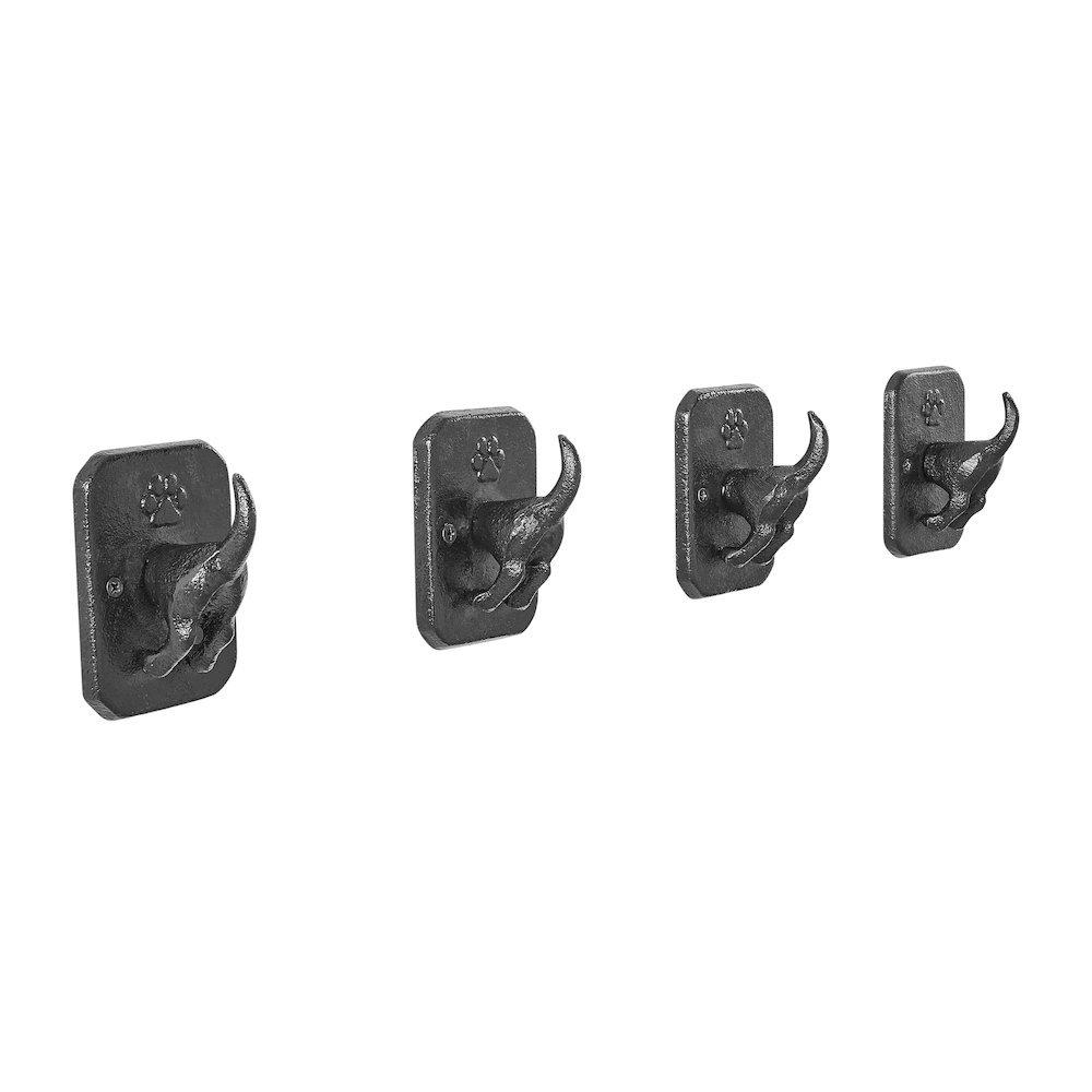 4 Piece Dark Brown Cast Iron Dog Tail Wagging Wall Sculpture Utility Hook Set. Picture 9