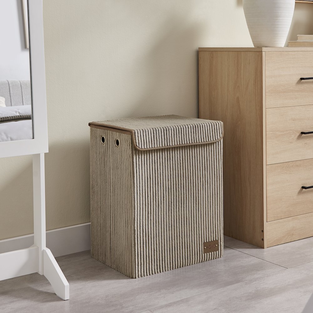 Collapsible Folding Corduroy Laundry Hamper Storage - Taupe Gray. Picture 3