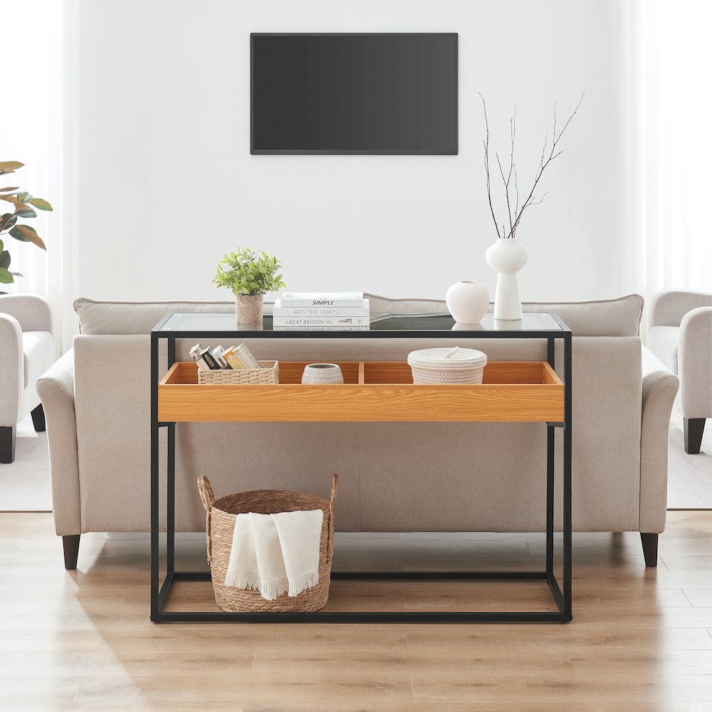 Saarinen 2-Level Sunken Glass Display Shelf Rectangle Console Table - Golden Oak. Picture 4