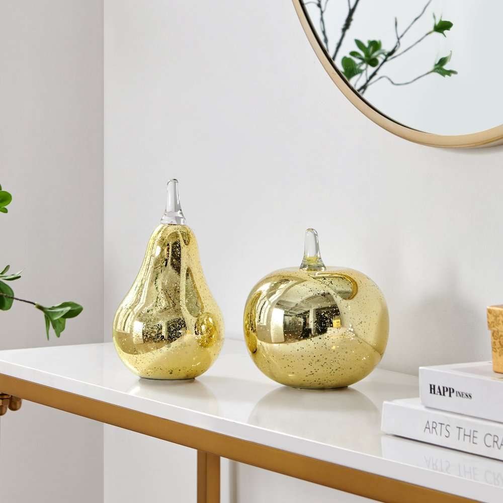 Alloya 2 Piece Apple and Pear Decorative Tabletop Glass Sculpture Set- Gold. Picture 2