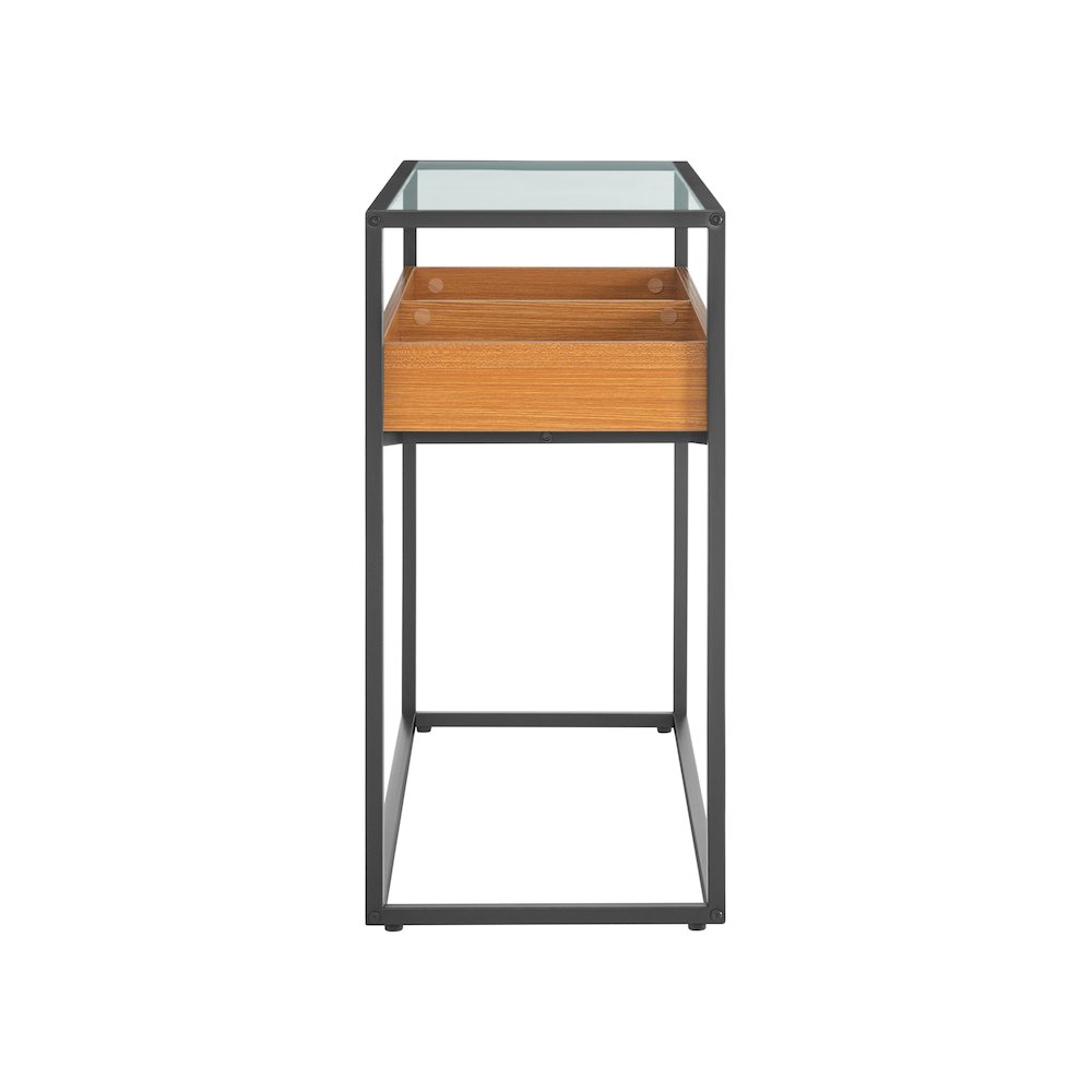 Saarinen 2-Level Sunken Glass Display Shelf Rectangle Console Table - Golden Oak. Picture 13