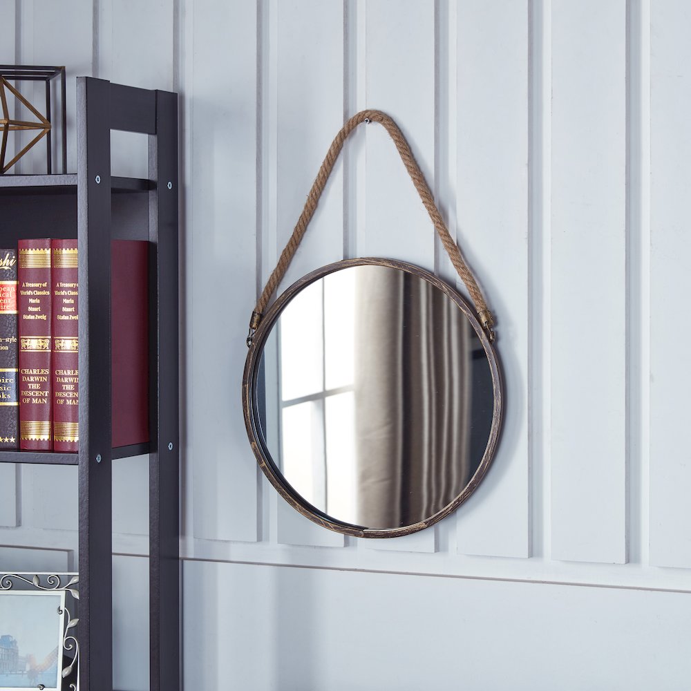 15" Gold Patina Round Mirror with Hanging Rope. Picture 2