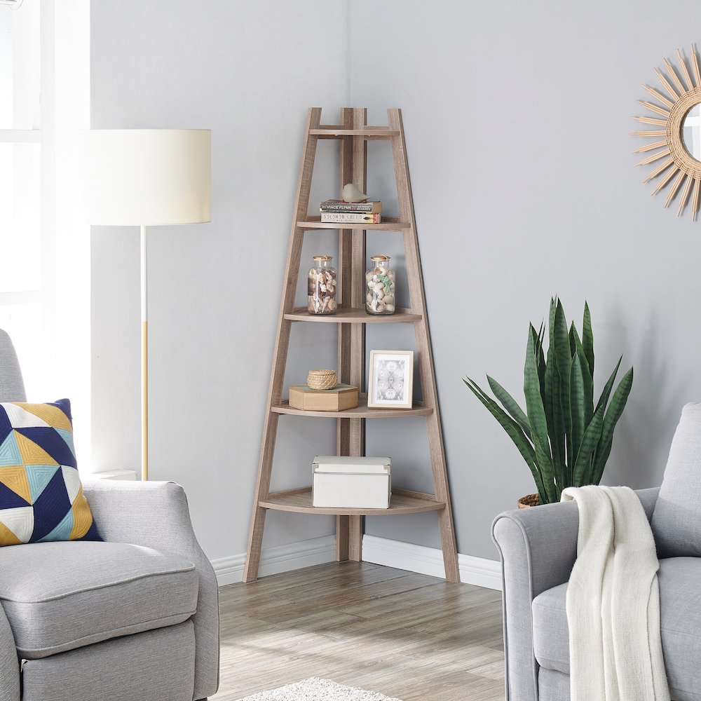 Decorative Free-Standing 5-Tier Pyramid Corner Shelves - Weathered Oak. Picture 2