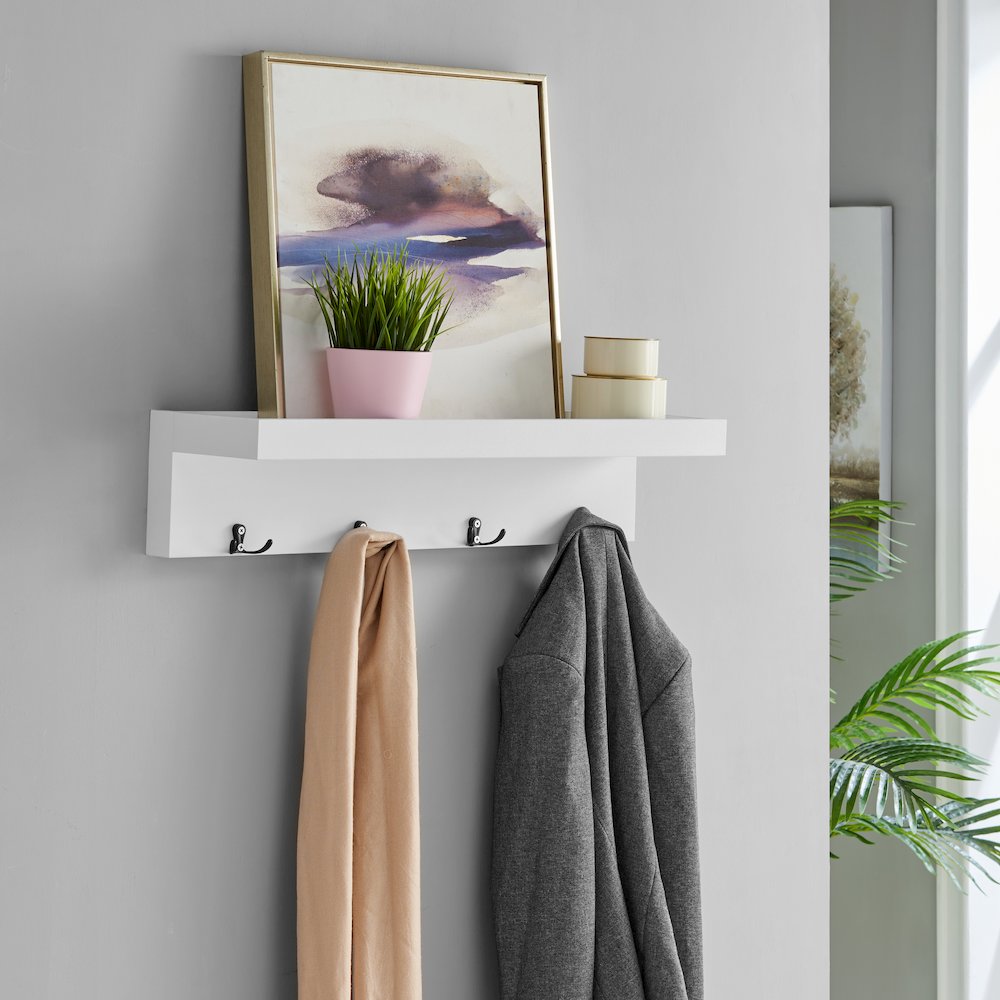Wall Mounted Coat Rack with Decorative Ledge Shelf - White. Picture 2