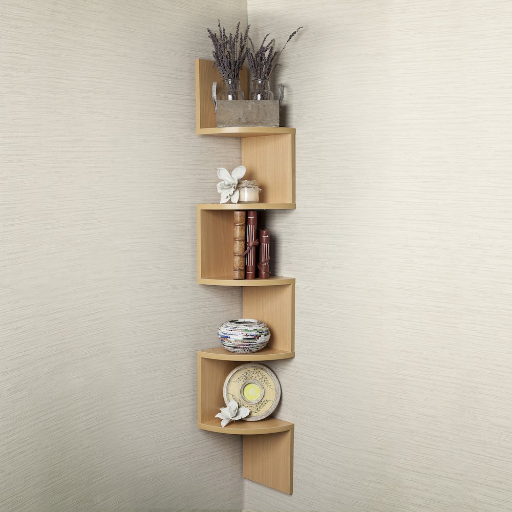 Large Laminated Beech Veneer Corner Wall Mount Shelf. Picture 2