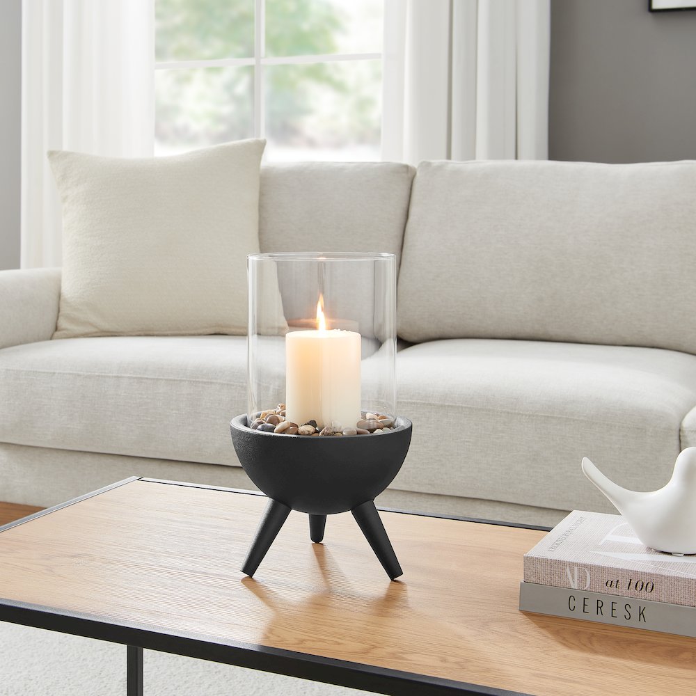 Molta Modern Black Metal Pedestal Glass Pillar Hurricane Candle Holder - Large. Picture 3