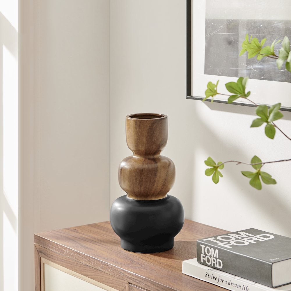 Milo Trinnet Three Tiered Two Tone Tabletop Vase - Black and Walnut - Large. Picture 3