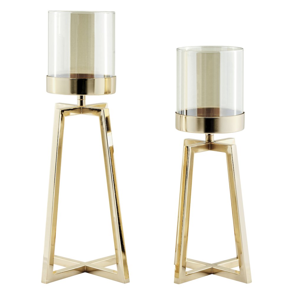 Maeve Tinted Glass Warm Gold Pedestal Hurricane Candle Holders - Set of 2. Picture 1