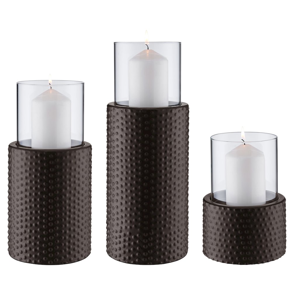 Candle Holder Set (3) With Clear Glass Hurricanes And Textured Metal Base. Picture 5