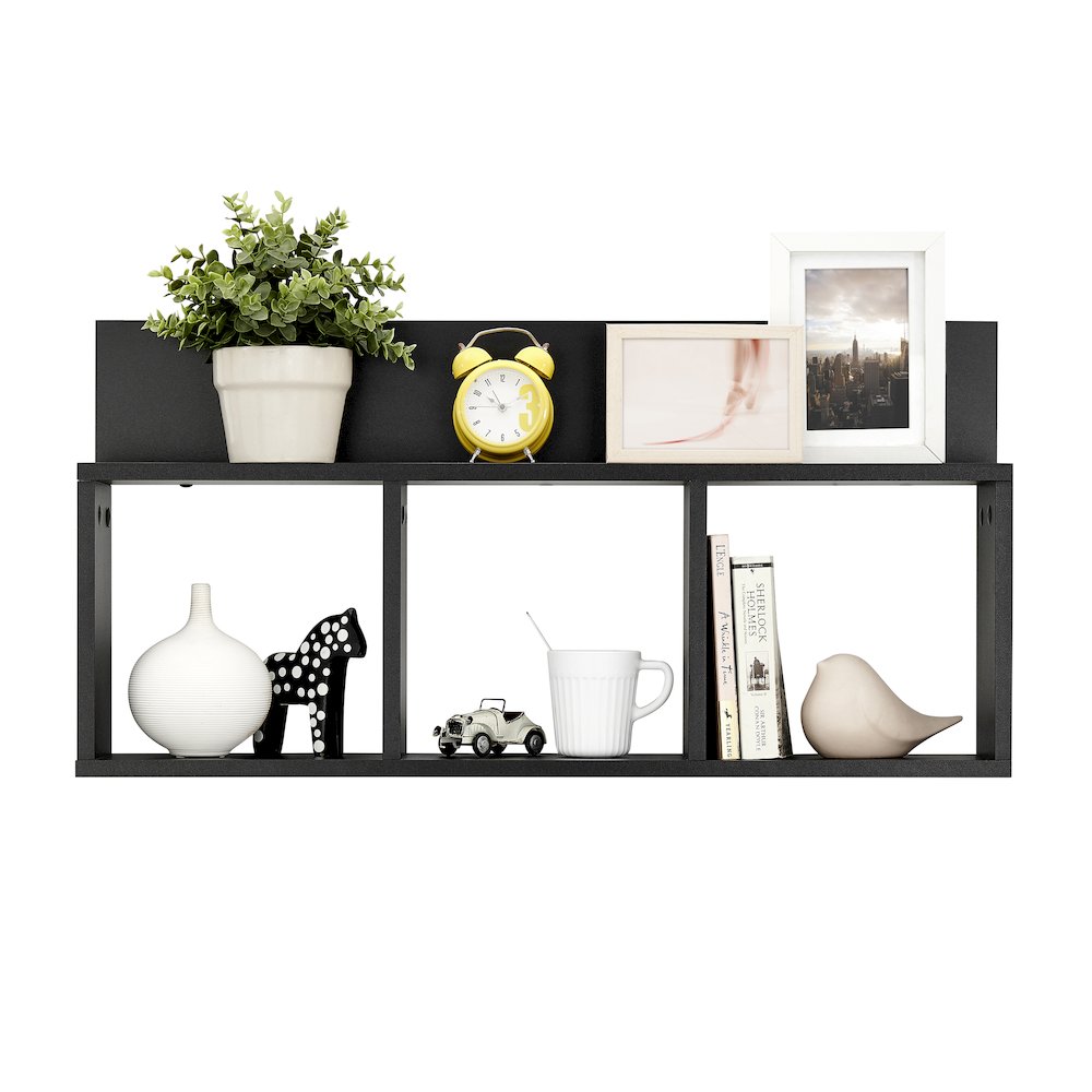 Modern 3 Cube Floating Cubby Wall Shelf with Display Ledge- Black. Picture 8