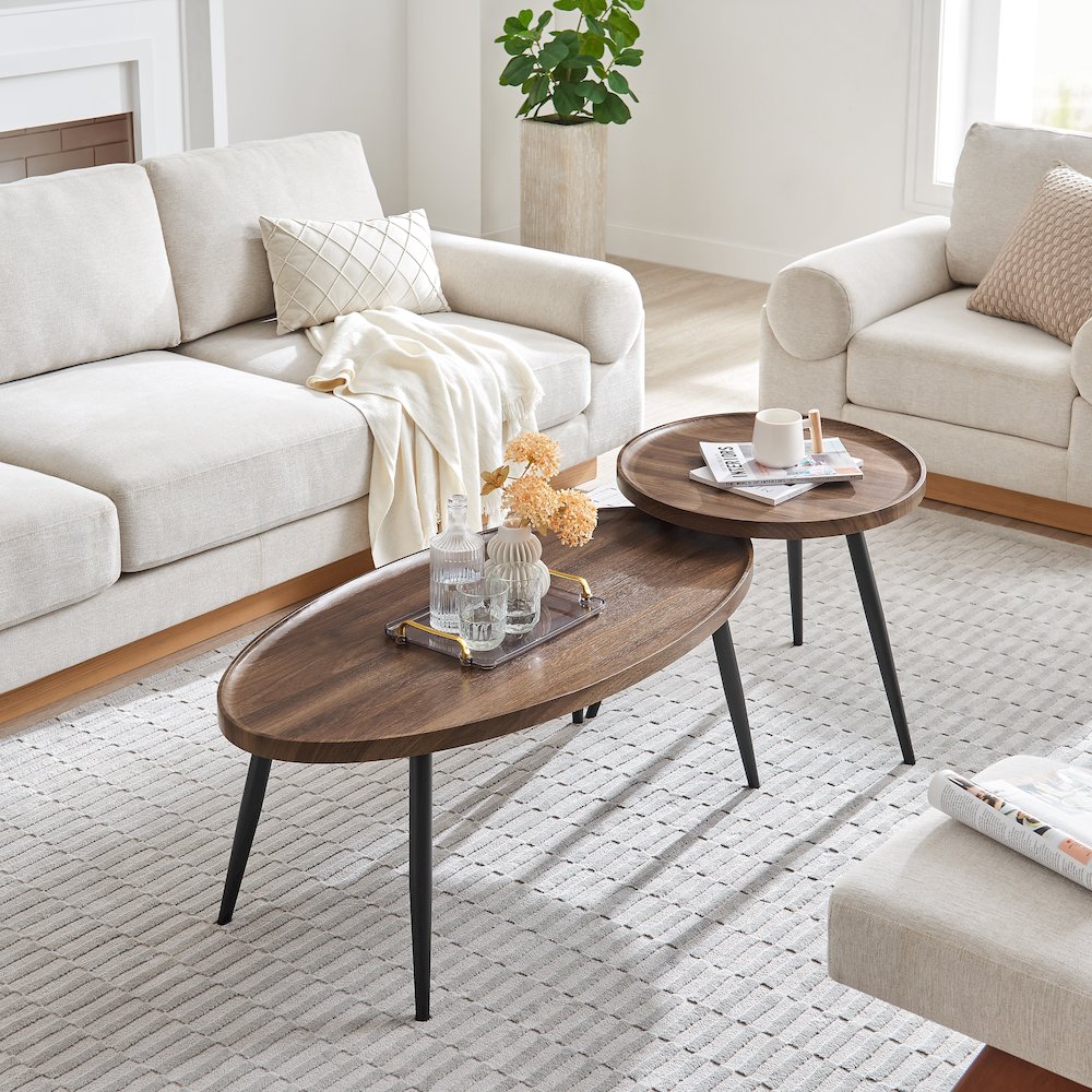 Paxton Nesting Raised Lip 2 Piece Coffee Table Set - Round and Oval - Walnut. Picture 4