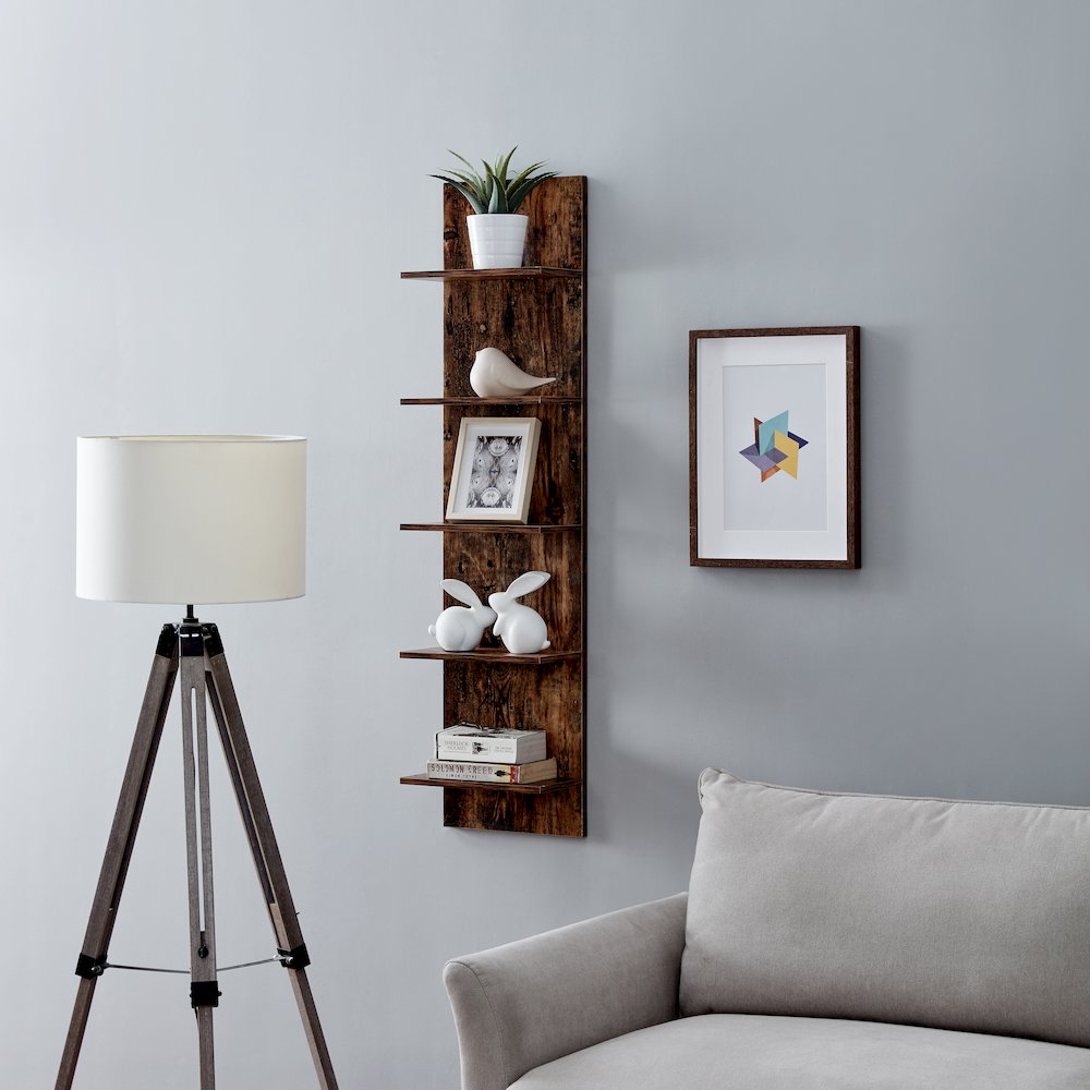 Pine Grain Finish Wide 5-Tiers Column Wall Shelf. Picture 4