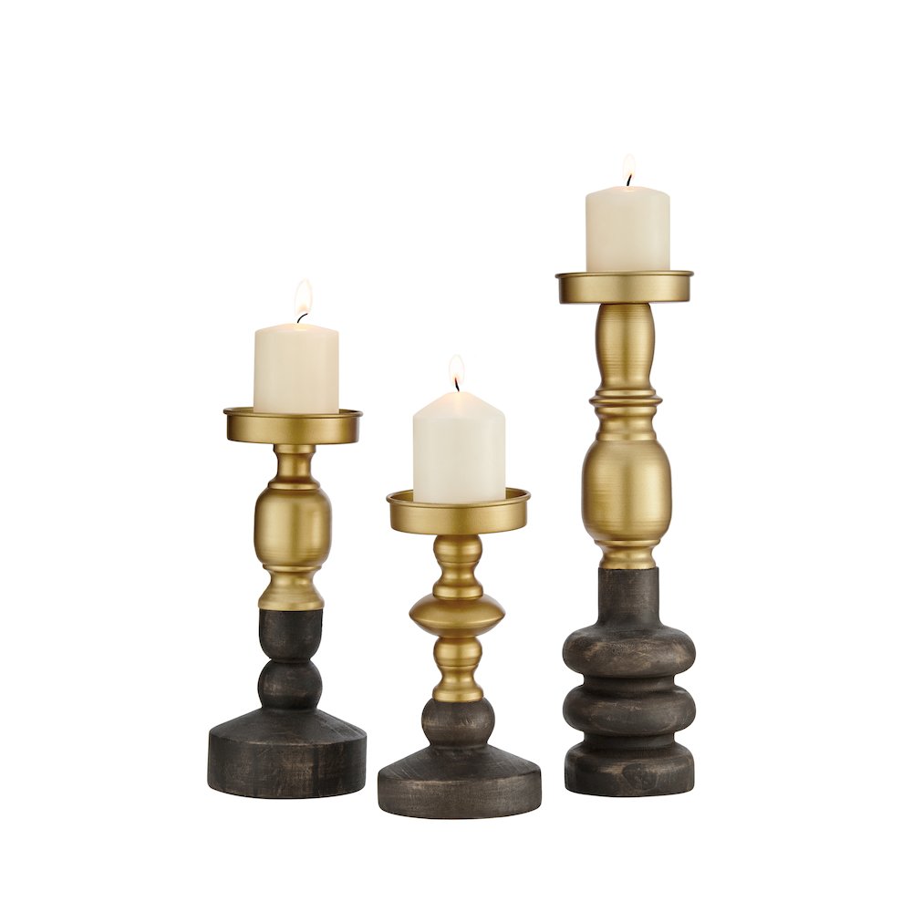 Nara Brass Wood Taper Candlestick Pillar Candle Holders - Set of 3. Picture 7