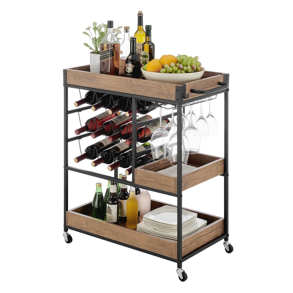 Rustic Walnut Metal Rolling Farmhouse Wine Bar Cart with Bottle and Glass Rack. Picture 13