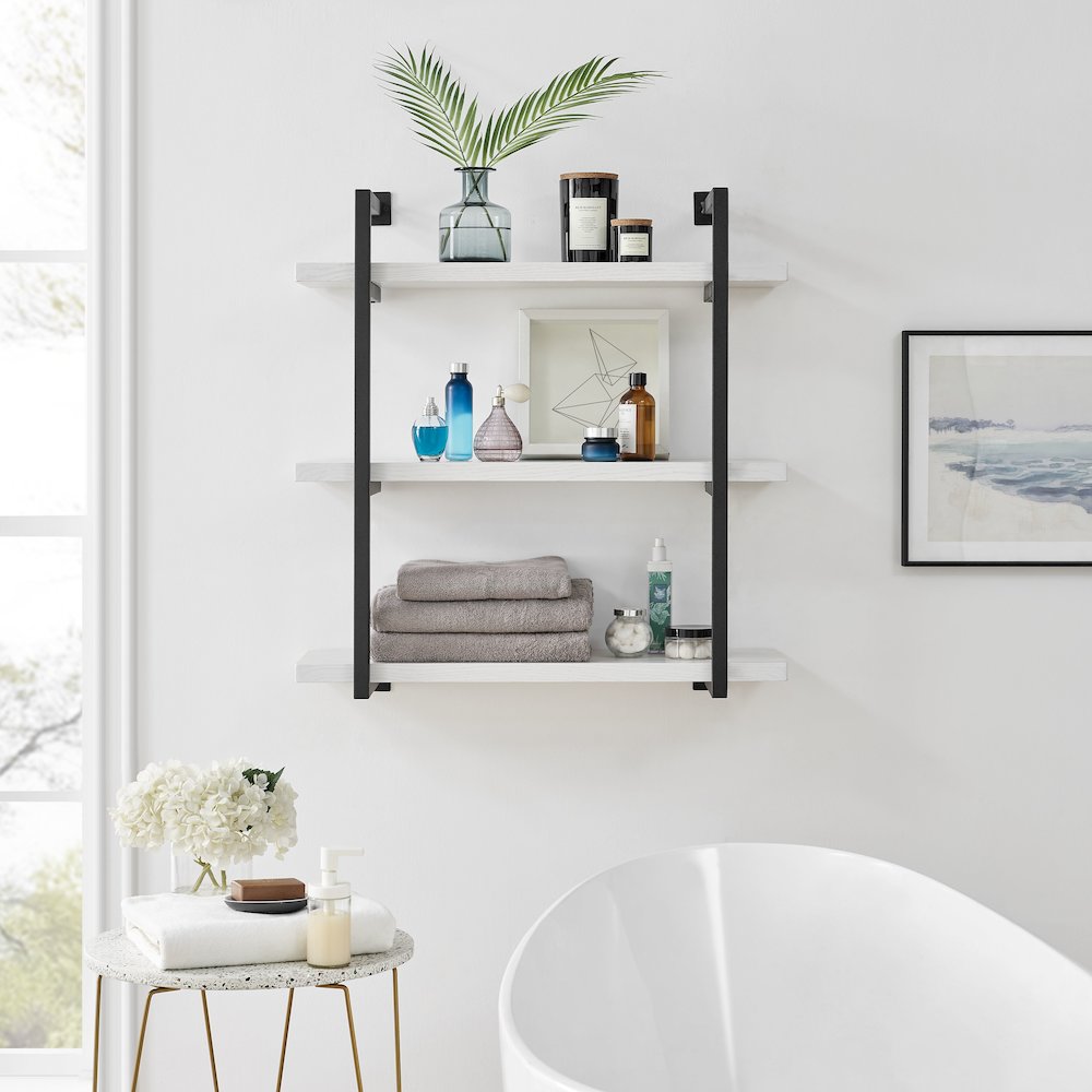 Modern 3-Tier Hanging Bracket Wall Shelves in Black Metal and White Birch Finish. Picture 5
