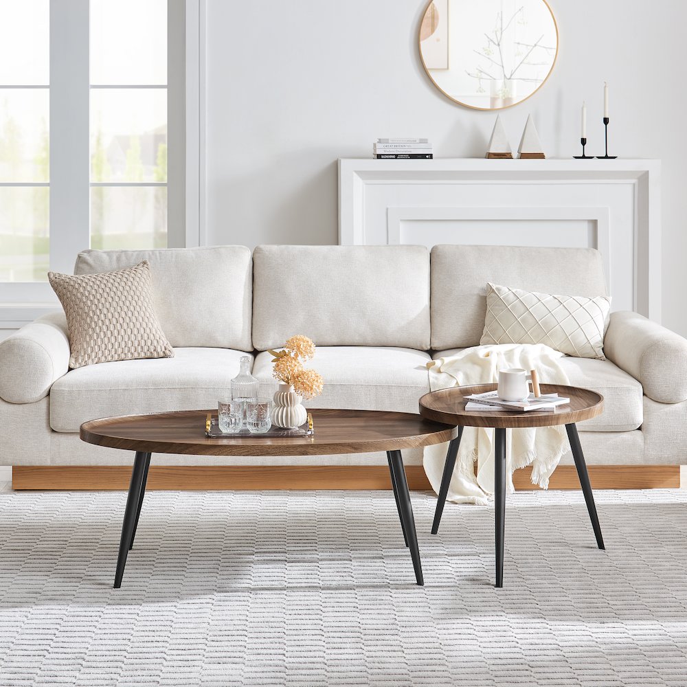 Paxton Nesting Raised Lip 2 Piece Coffee Table Set - Round and Oval - Walnut. Picture 2
