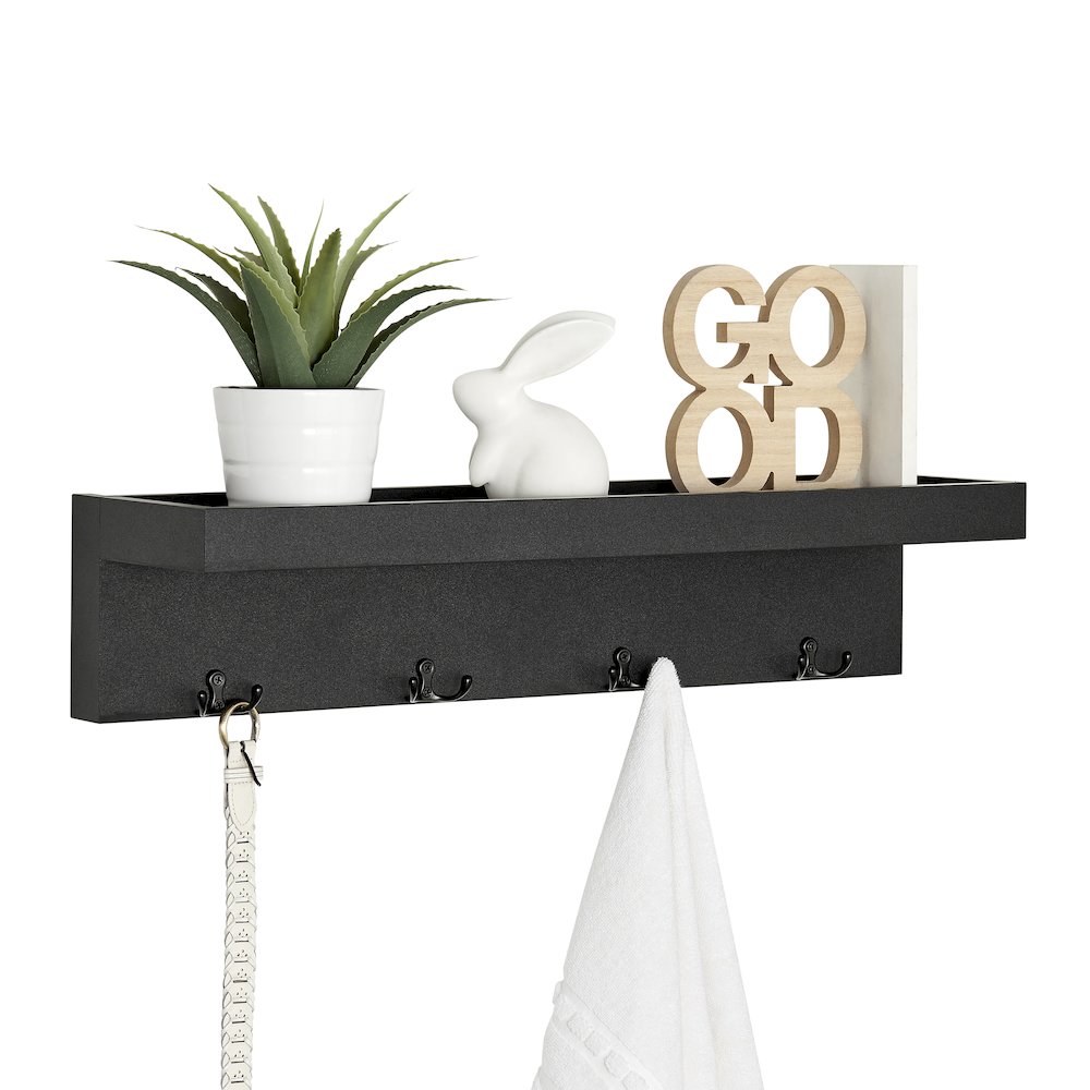 Wall Mounted Entryway Coat Rack with Decorative Ledge Shelf and Hooks - Black. Picture 11