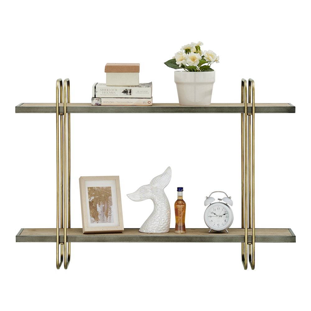 Two-Tier Warm Gold Washed Oak Brown Metal Bracket Wall Mounted Shelf. Picture 7