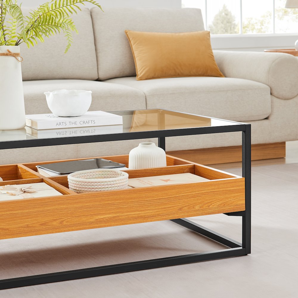 Saarinen 2-Level Glass Display Shelf Rectangle Low Coffee Table - Golden Oak. Picture 9