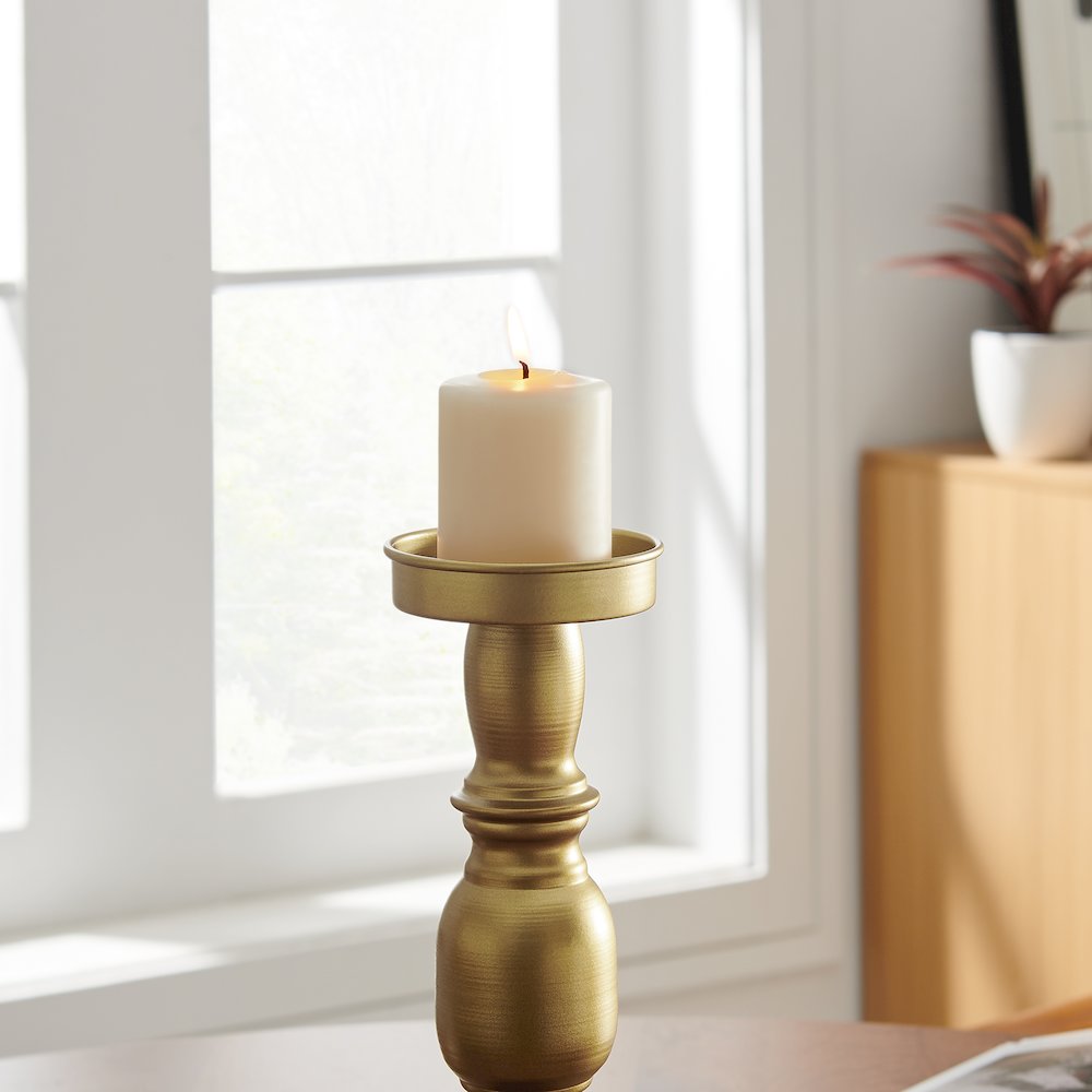 Nara Brass Wood Taper Candlestick Pillar Candle Holders - Set of 3. Picture 6