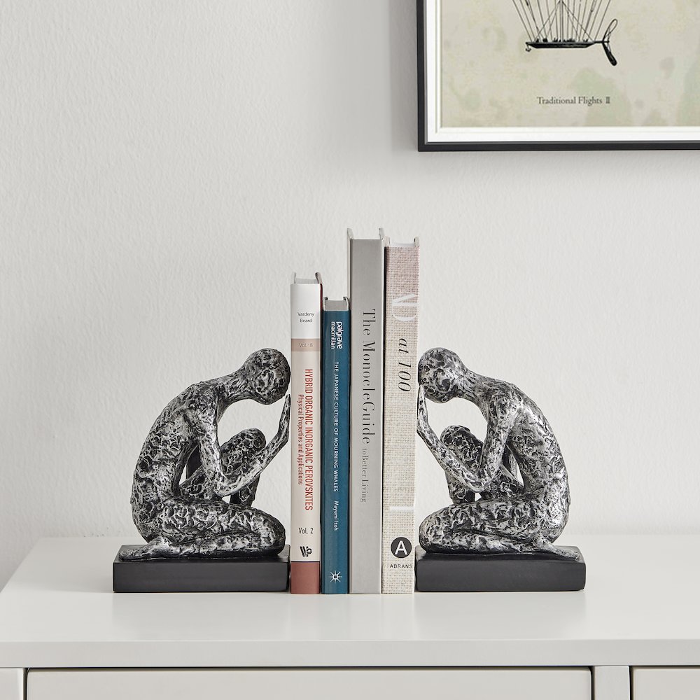 Kneeling Figure Sculptures Polyresin Silver and Black Bookend Set of 2. Picture 7