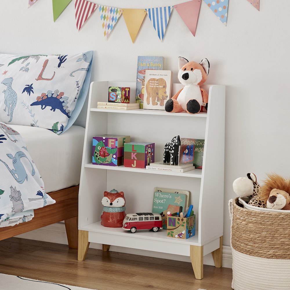 Steiner White 3-Tier Kids Freestanding Bookshelf - Contrasting Wood-Toned Legs. Picture 6
