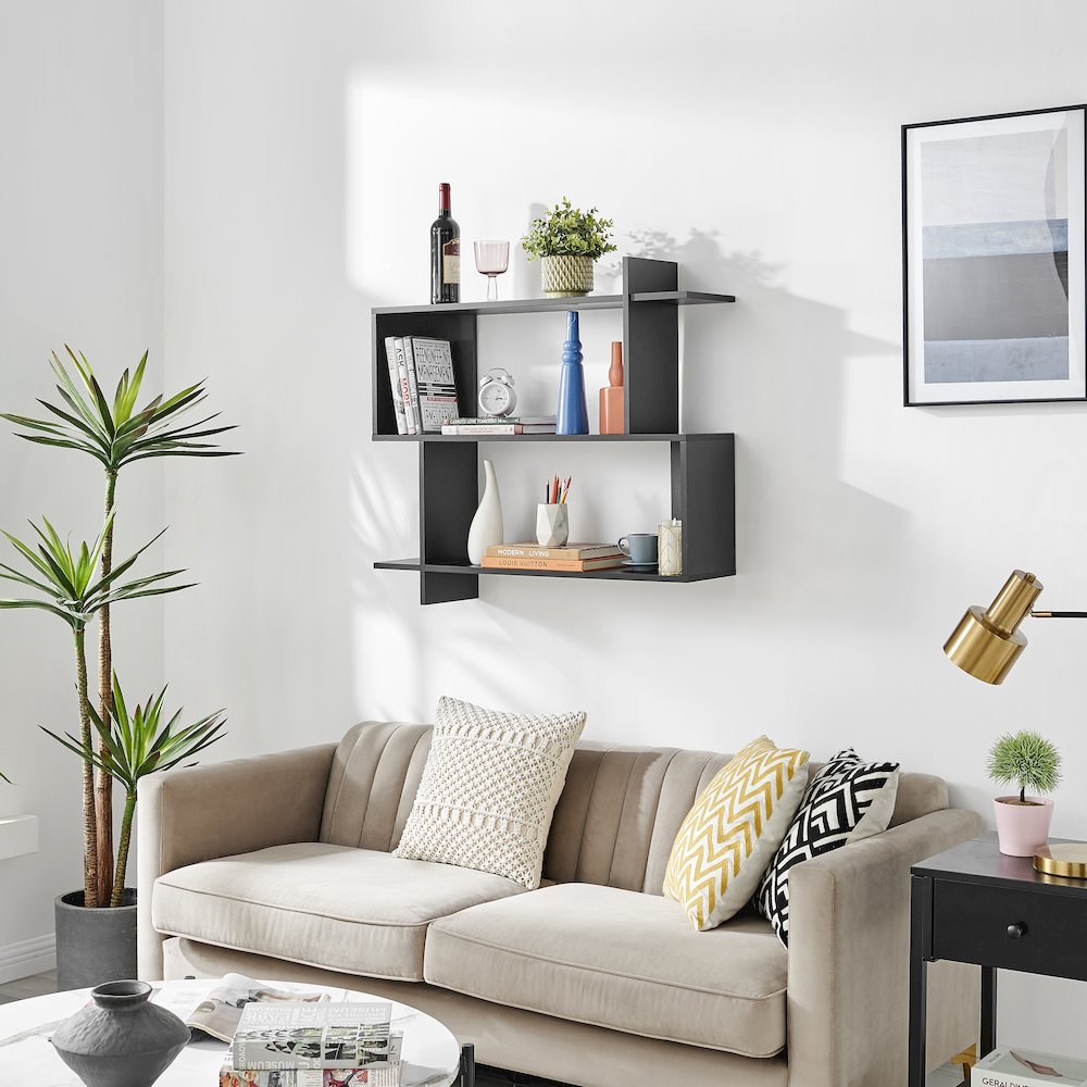 Manasa Floating Geometric Kilter Two-Tier Wall Shelf - Black. Picture 3