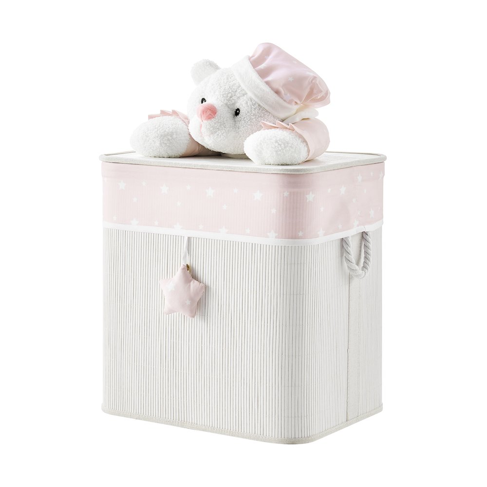 Pink/Cream Collapsible Folding Bamboo Kid Plush Laundry Hamper Sleepy Teddy Bear. Picture 8