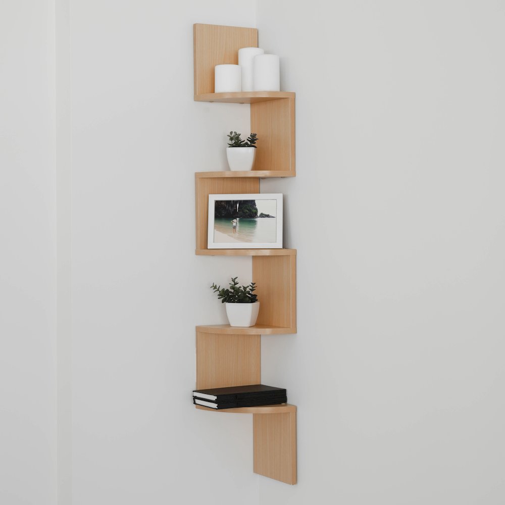 Large Laminated Beech Veneer Corner Wall Mount Shelf. Picture 6