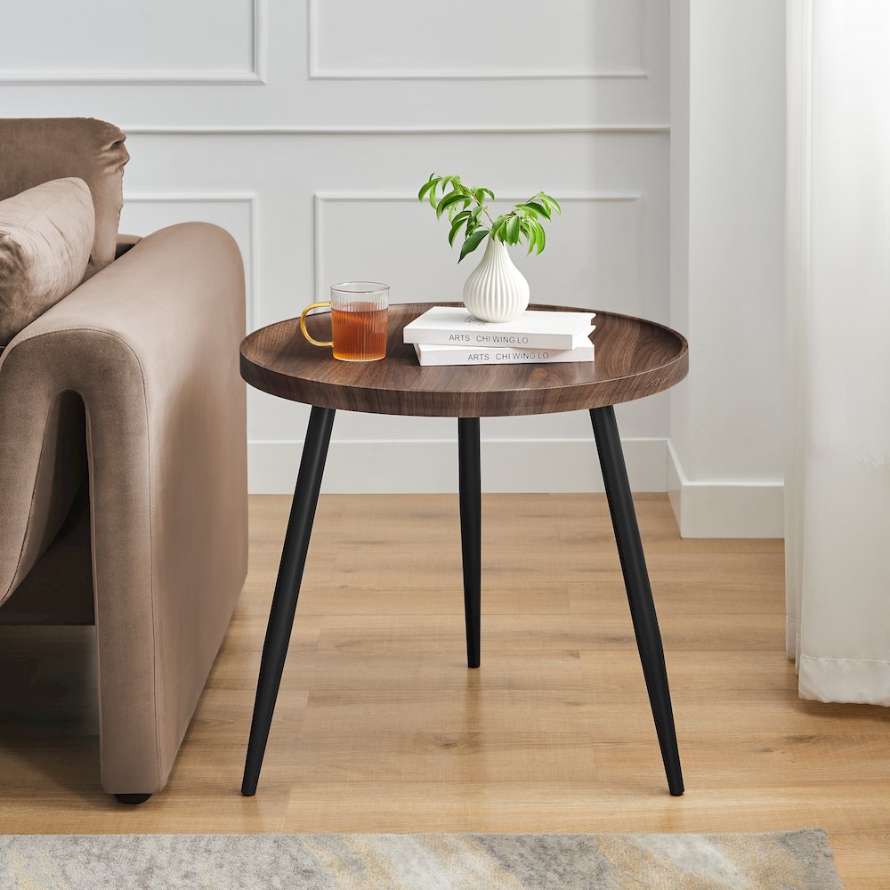 Paxton Raised Lip Edge Side Table Modern Black Metal Taper Legs - Round - Walnut. Picture 3