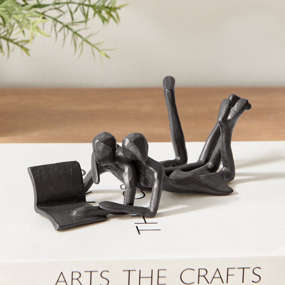 Brown Cast Iron Abstract Couple Reading Book Together Tabletop Sculpture. Picture 2