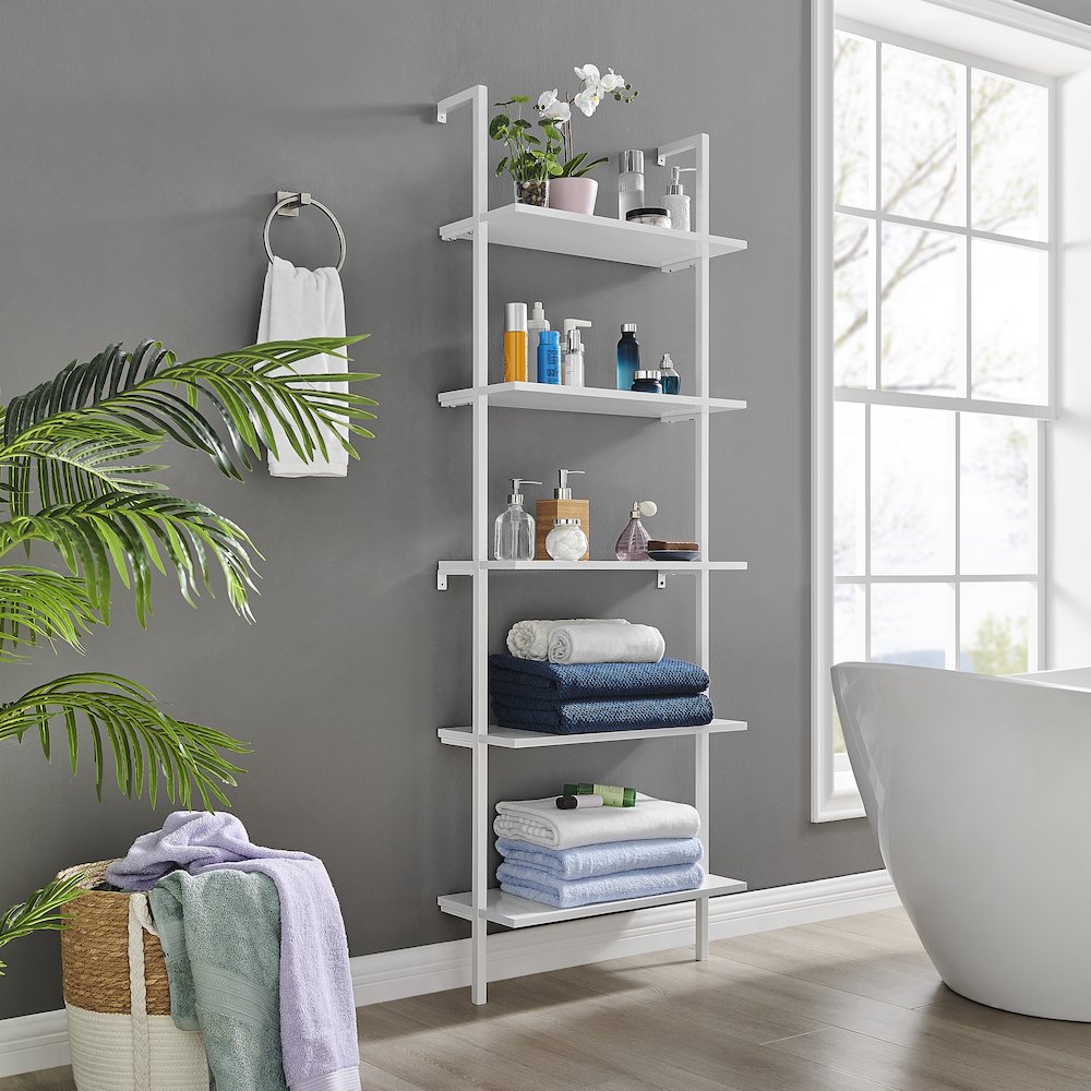 Everett 5-Tier Open Display Wall Mount Metal Frame Ladder Shelf - White/White. Picture 6