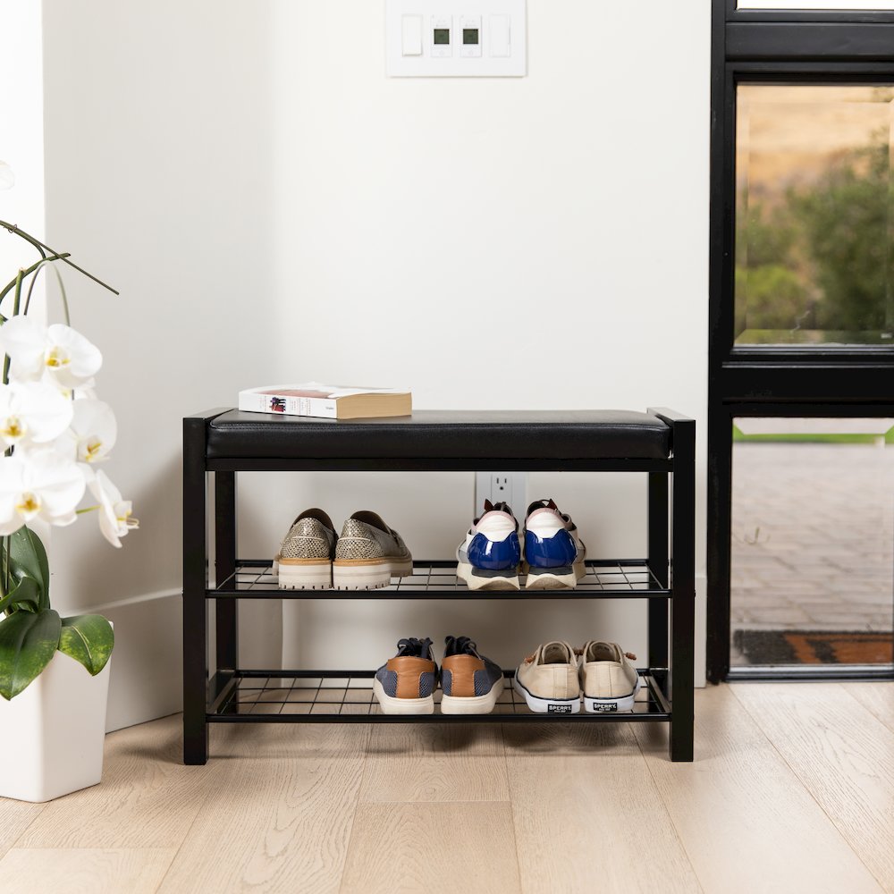 Black Leatherette Entryway Bench with Two Black Metal Shoe Racks. Picture 2