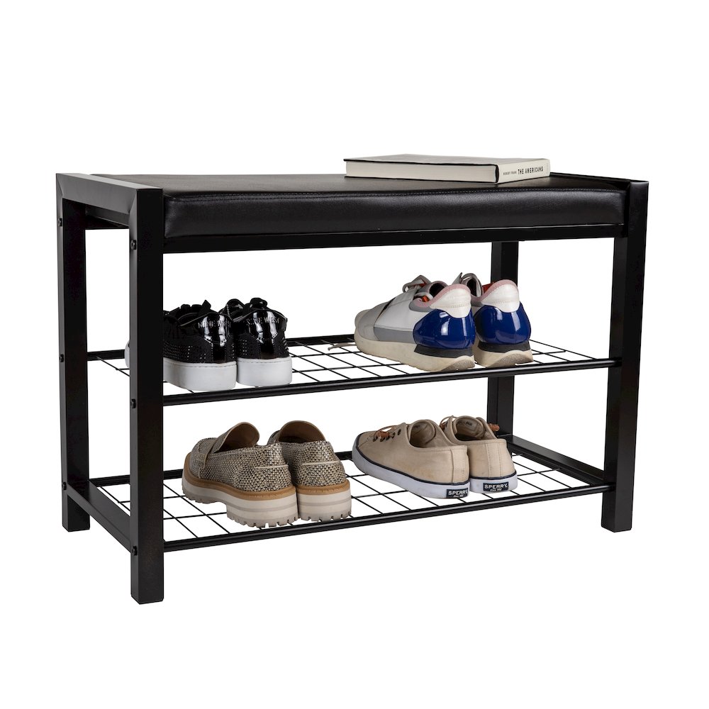 Black Leatherette Entryway Bench with Two Black Metal Shoe Racks. Picture 7