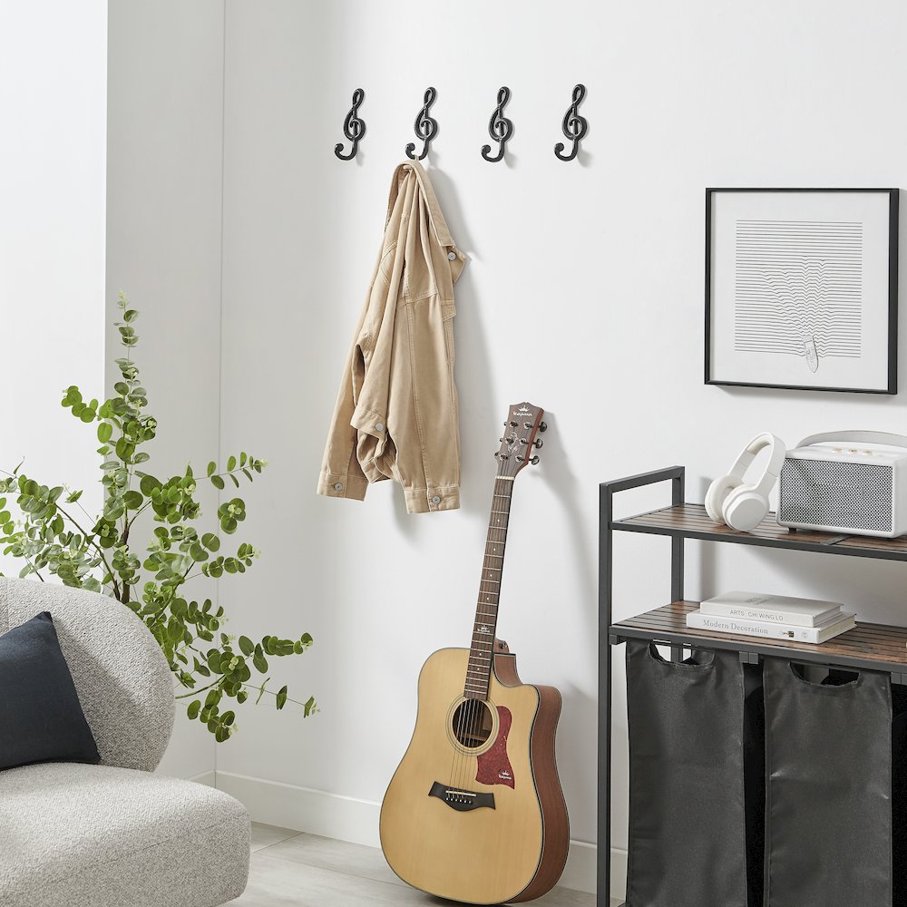 4 Piece Dark Brown Iron Musical Note Treble Clef Wall Sculpture Utility Hooks. Picture 4
