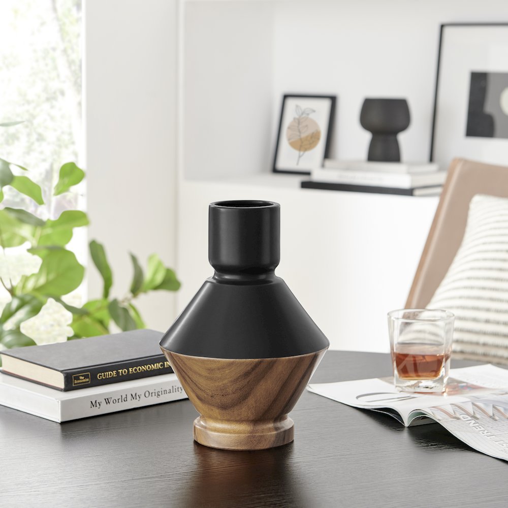 Milo Diamant Reverse Hourglass Modern Two Tone Tabletop Vase - Black and Walnut. Picture 2