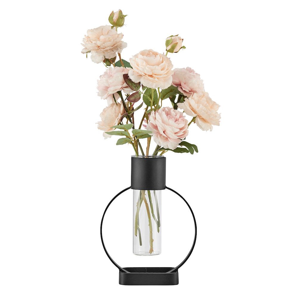 Jacob Modern Black Metal Open Circle Pedestal Clear Glass Tabletop Vase. Picture 7