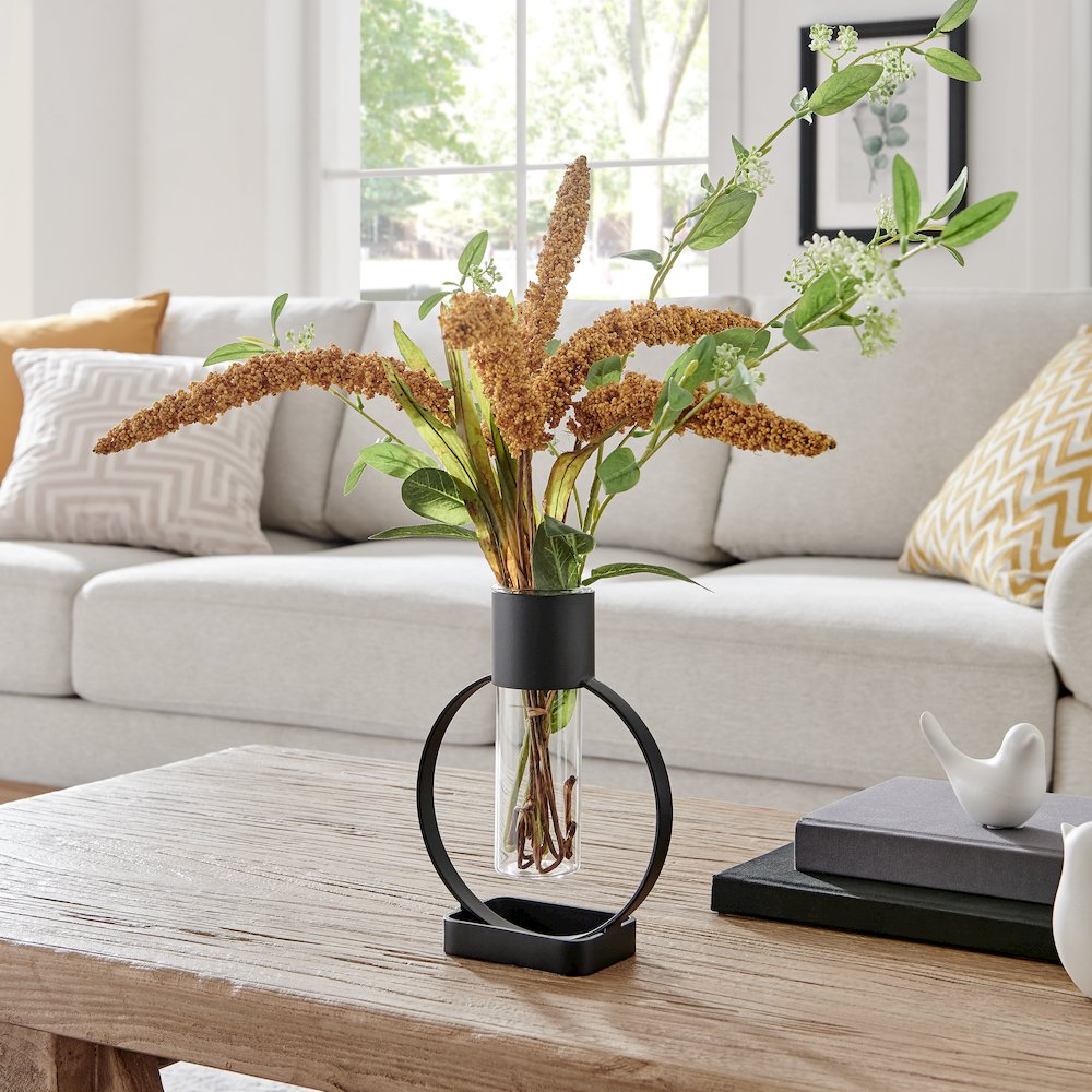 Jacob Modern Black Metal Open Circle Pedestal Clear Glass Tabletop Vase. Picture 4