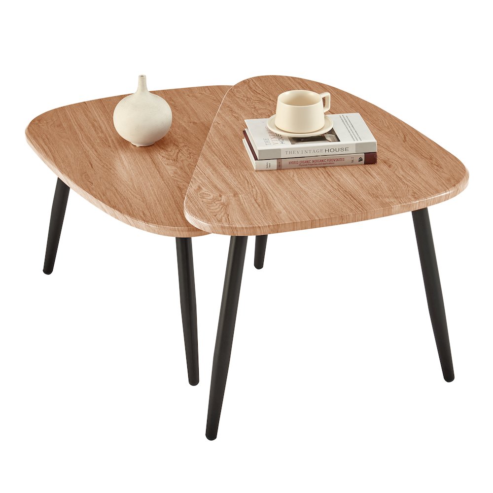 Aurora Oval Teardrop 2 Piece Semi-Nested Coffee Table Set - Natural Brown/Black. Picture 11
